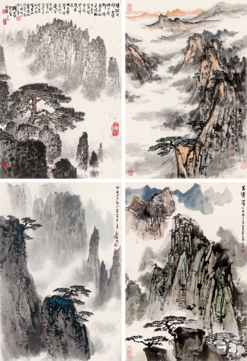 魏紫熙 1915-2002、钱松喦 1899-1985、宋文治 1919-1999、亚 明 1924-2002  黄山奇松四屏